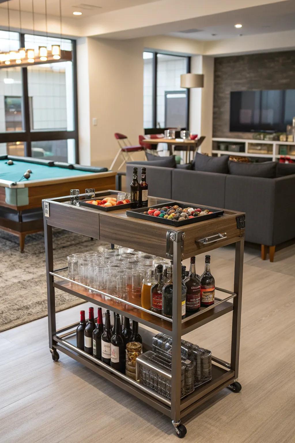 A mobile bar introduces sophistication and convenience for adult gatherings.