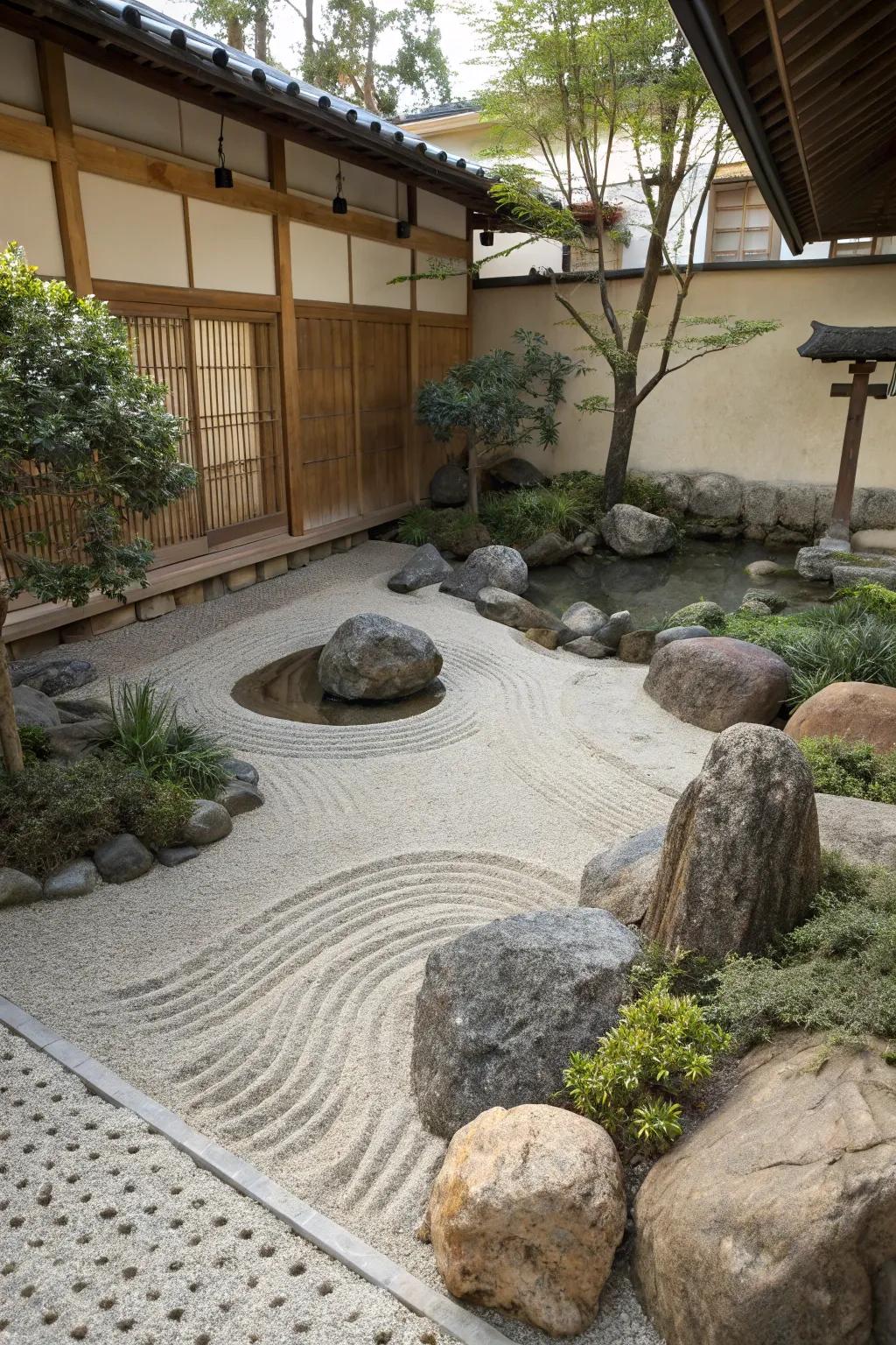 A calm Zen garden corner showcasing rocks and sand.