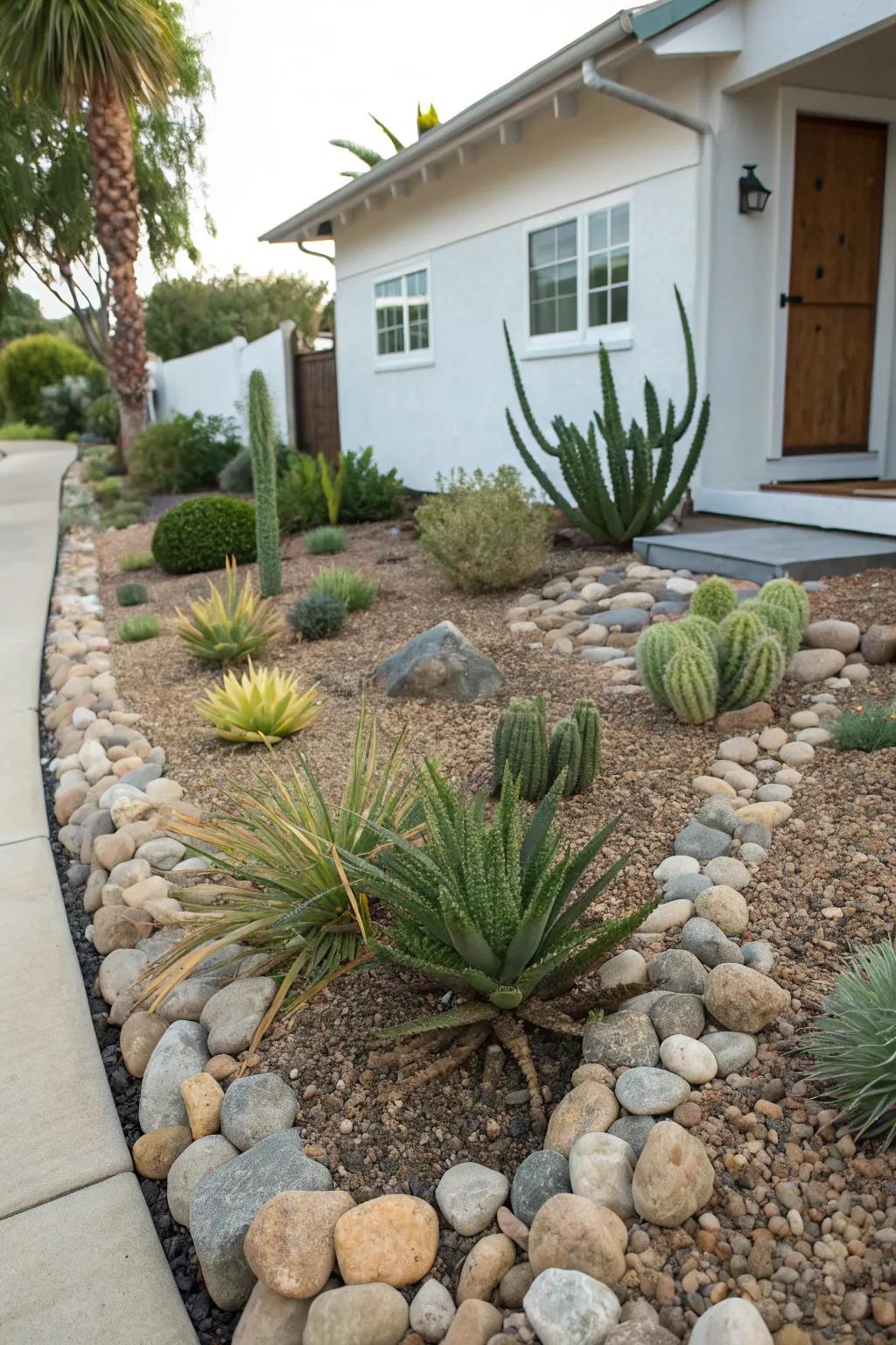 Opt for pebble stones as a stylish and sustainable grass substitute.