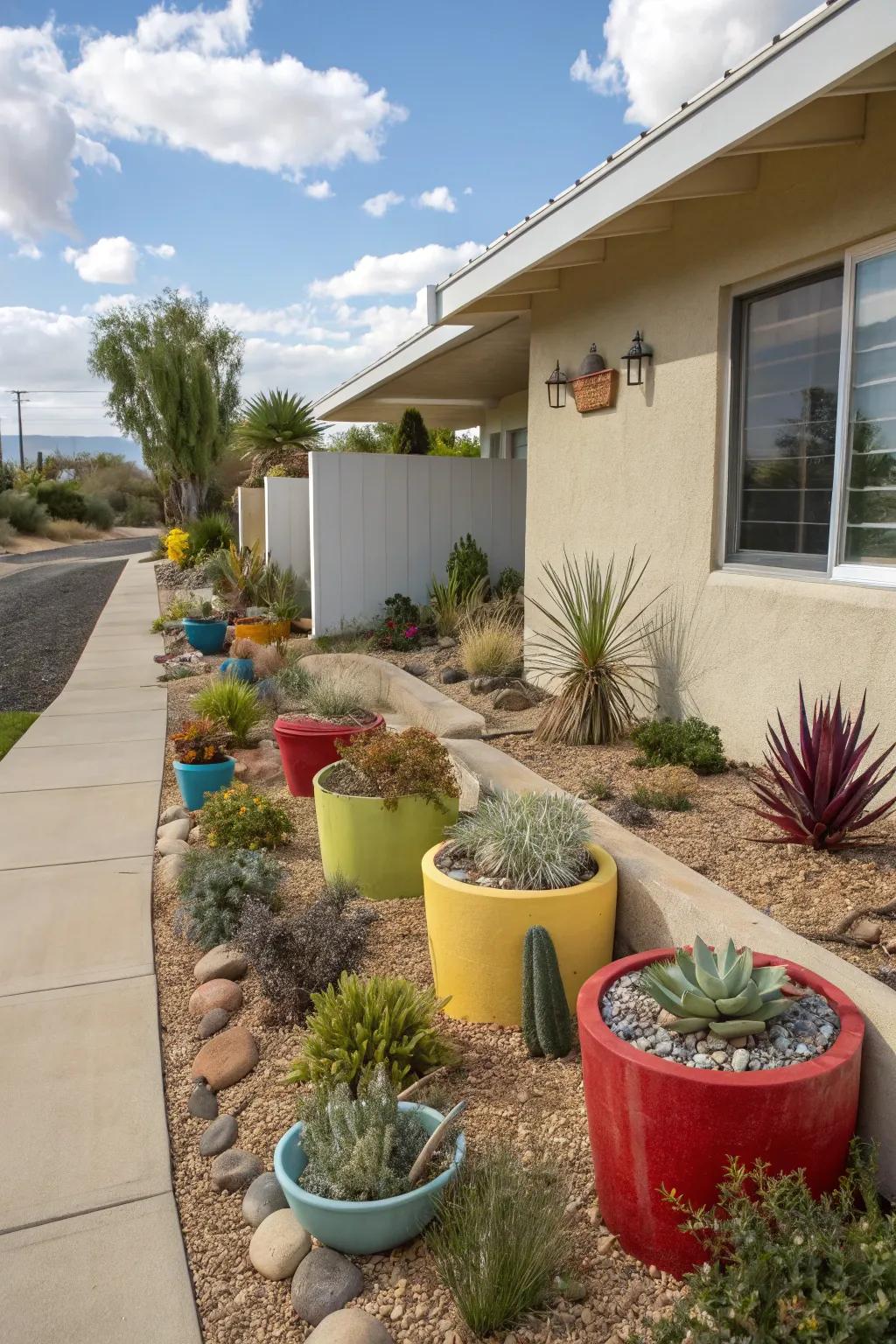 Portable planters introduce versatility and visual interest to a xeriscape garden.