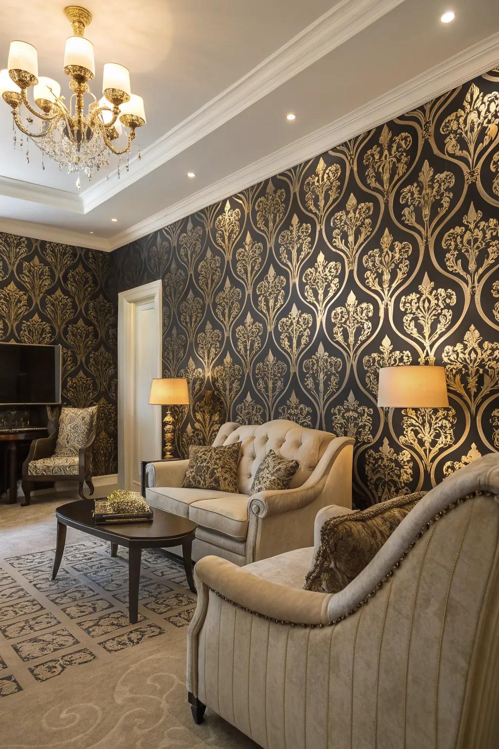 Intricate charcoal and gilded wallpaper injecting sophistication.