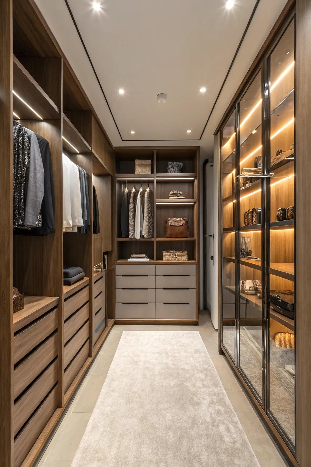 Adaptable shelving furnishing versatility for wardrobe alterations.