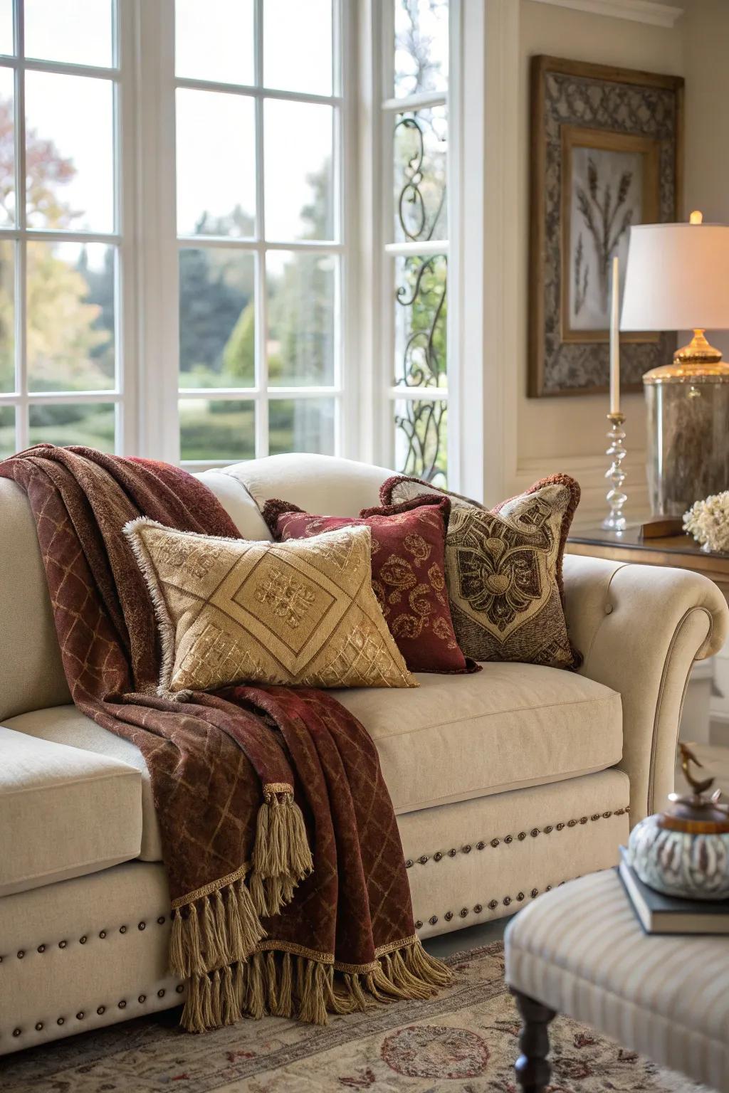 Luxurious throws and pillows merge comfort with sophistication.