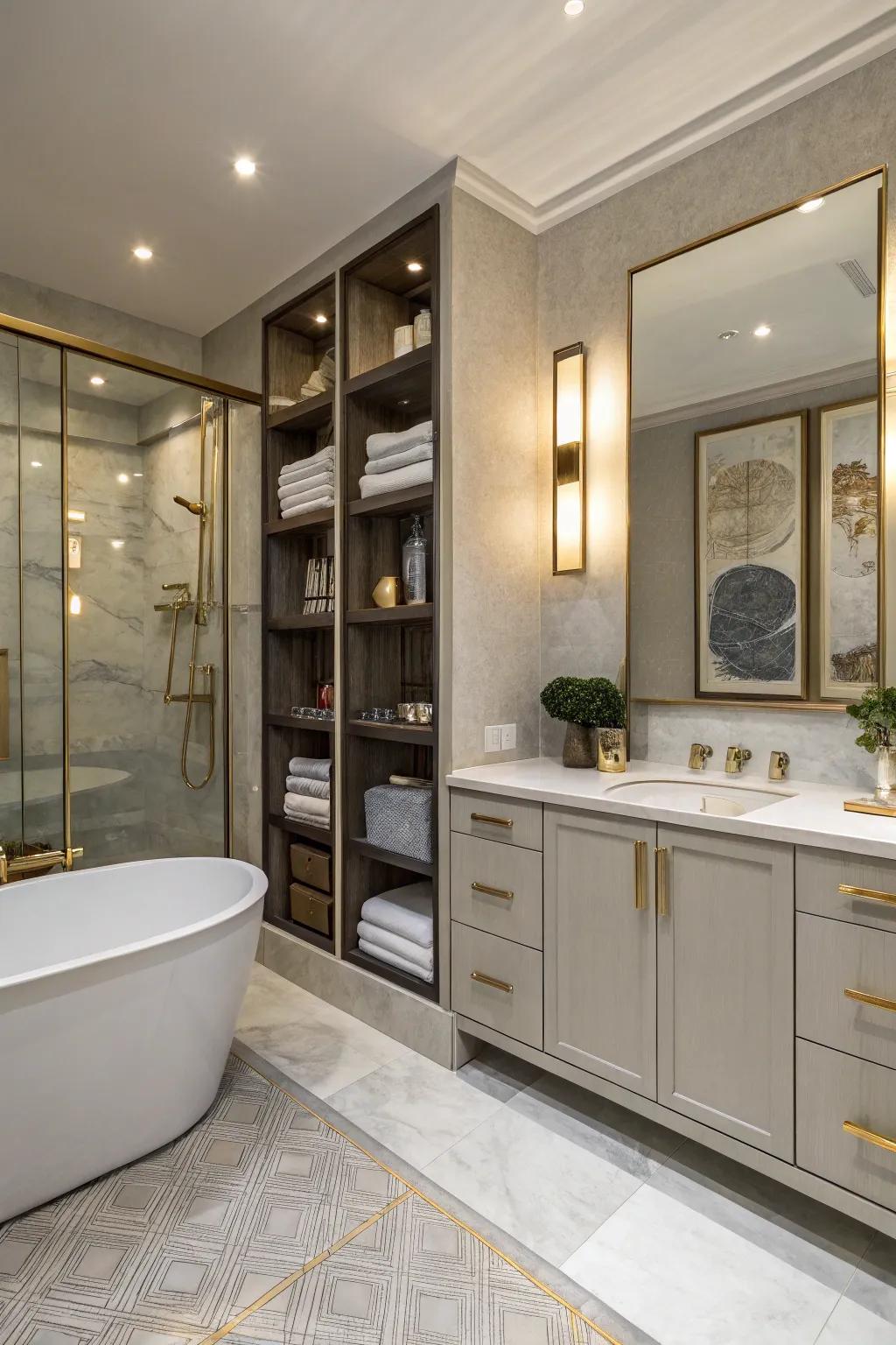 A contemporary bathroom featuring bespoke storage options.
