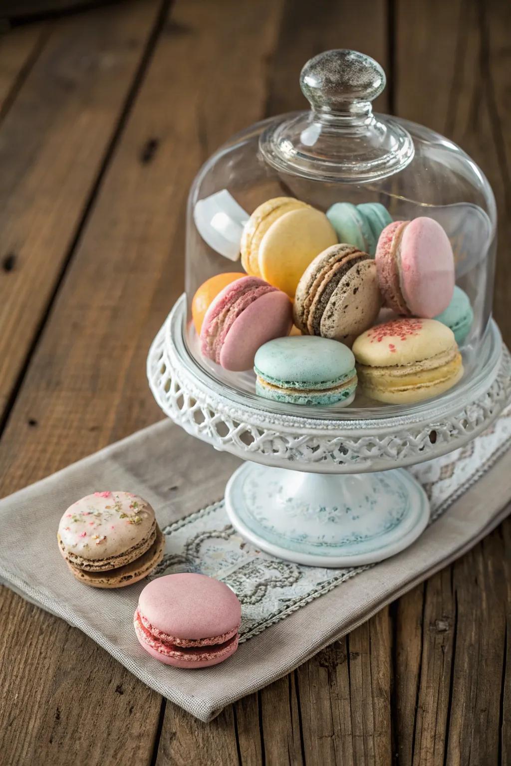Macarons displayed under a glass enclosure.