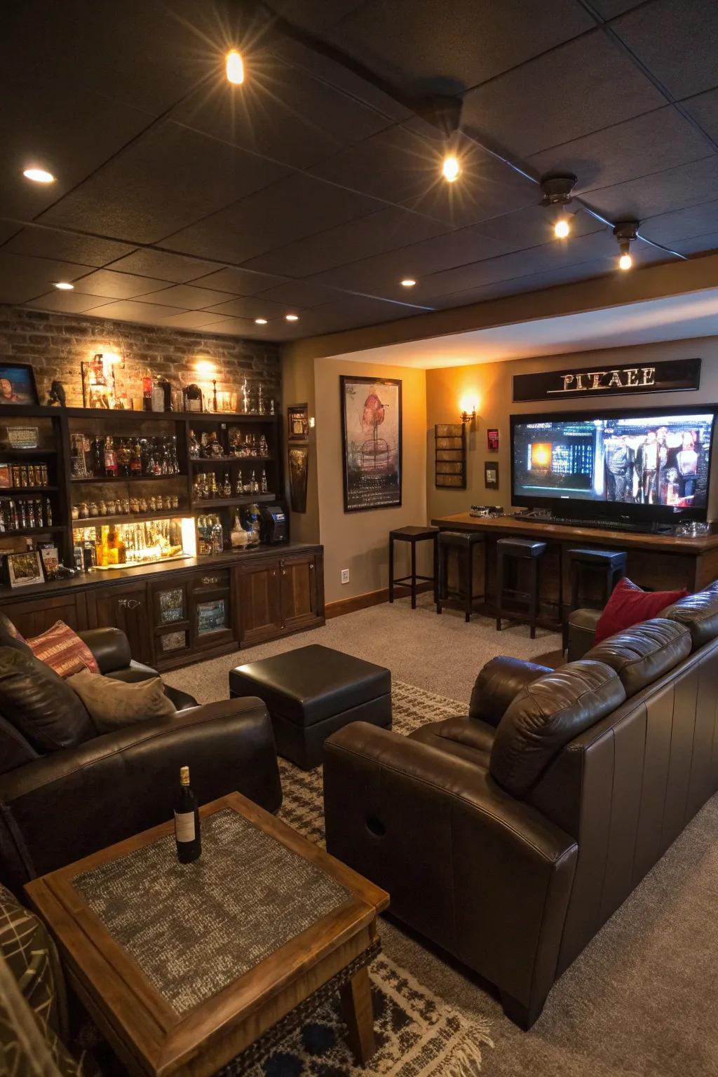 Integrated ambient and task lighting creating a multipurpose environment in the man cave.
