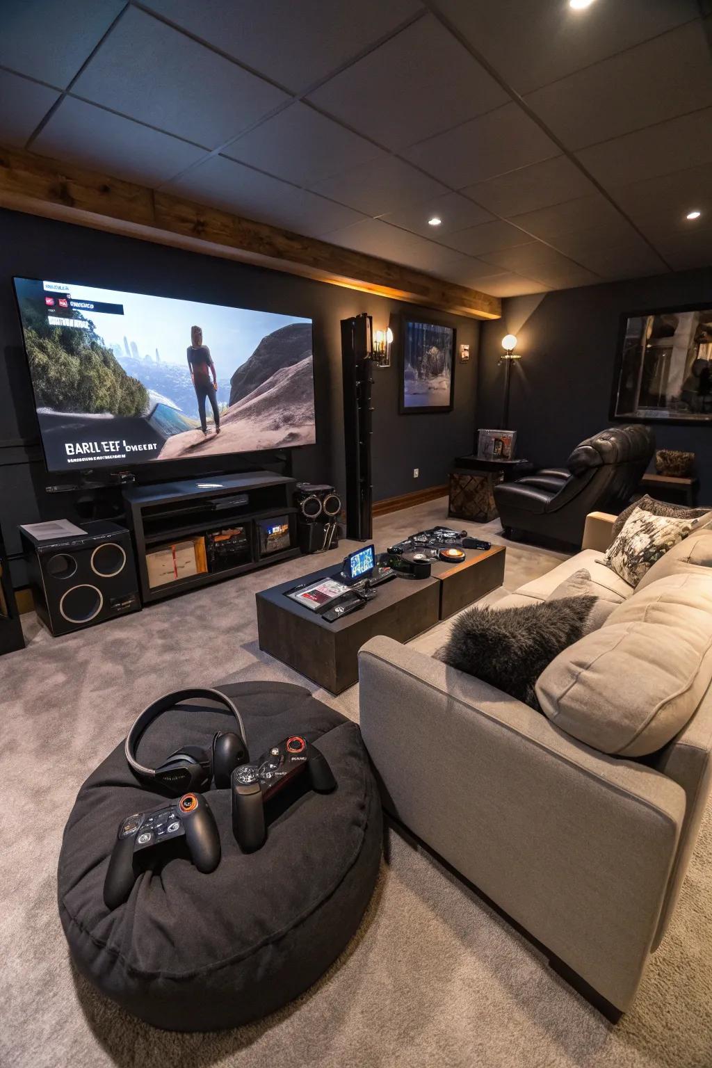 A futuristic virtual reality zone in a man cave.