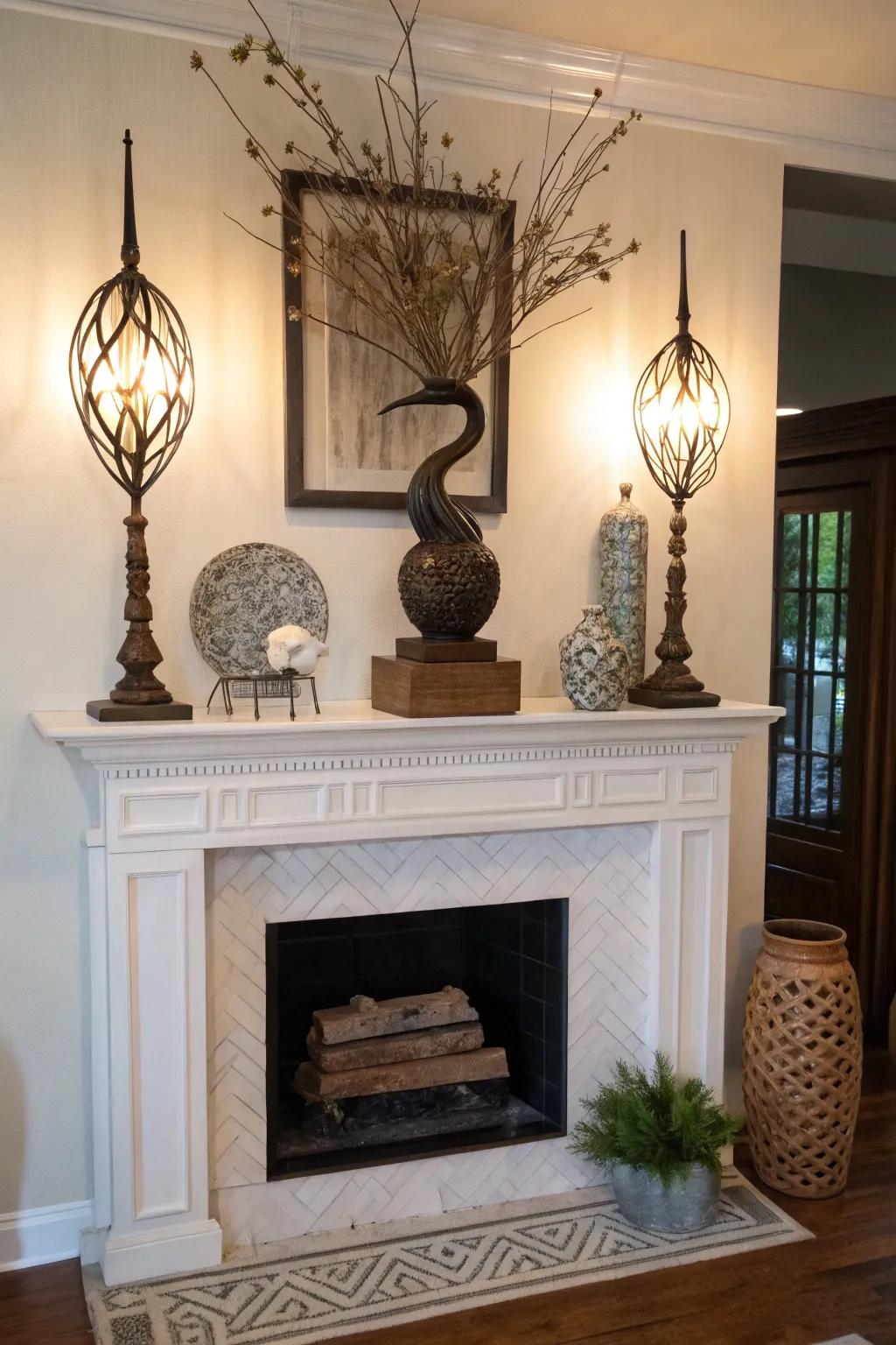 A sculpture creates a great focal point on this mantel.