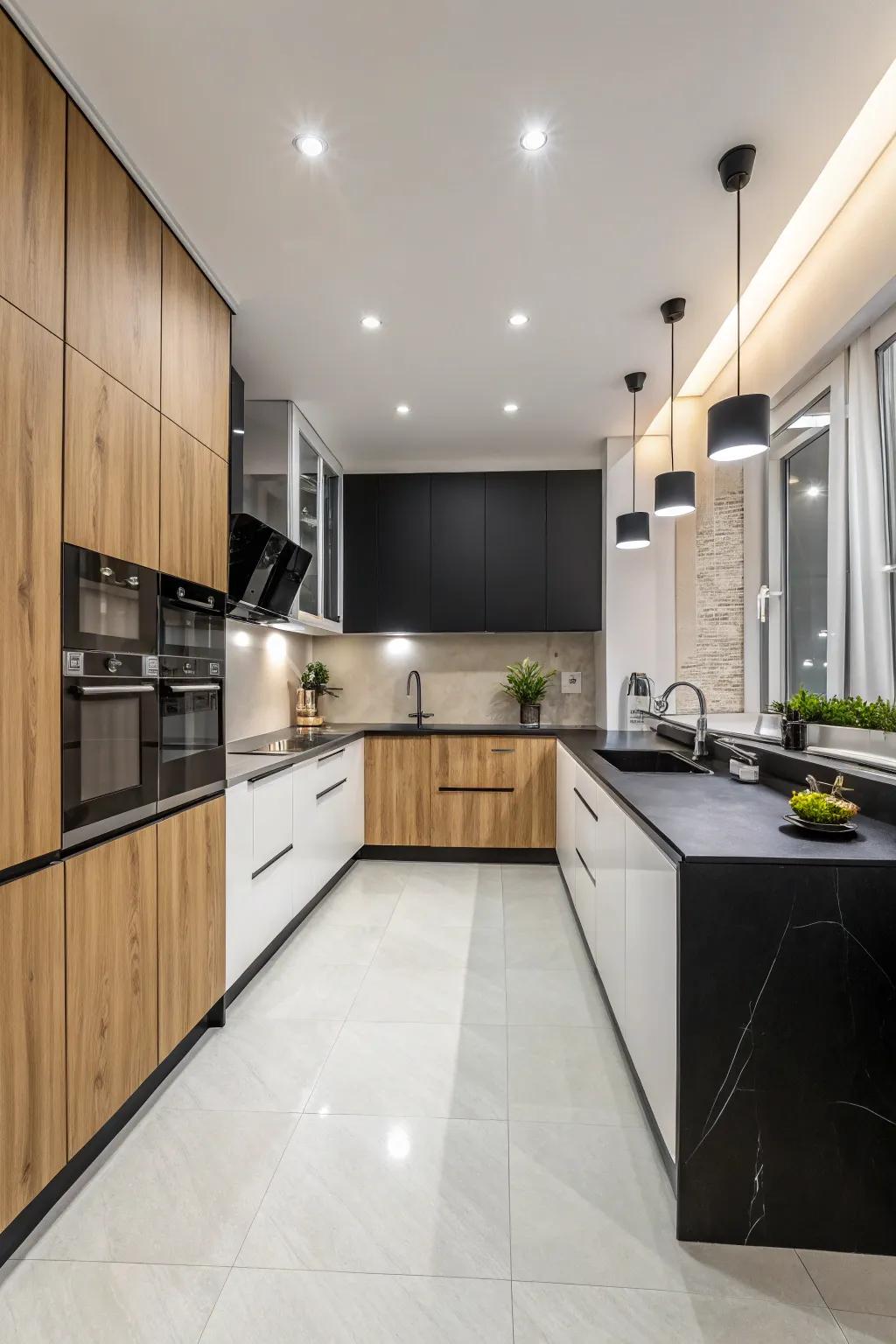 A modern kitchen with a monochrome palette and birch units for a sharp look.