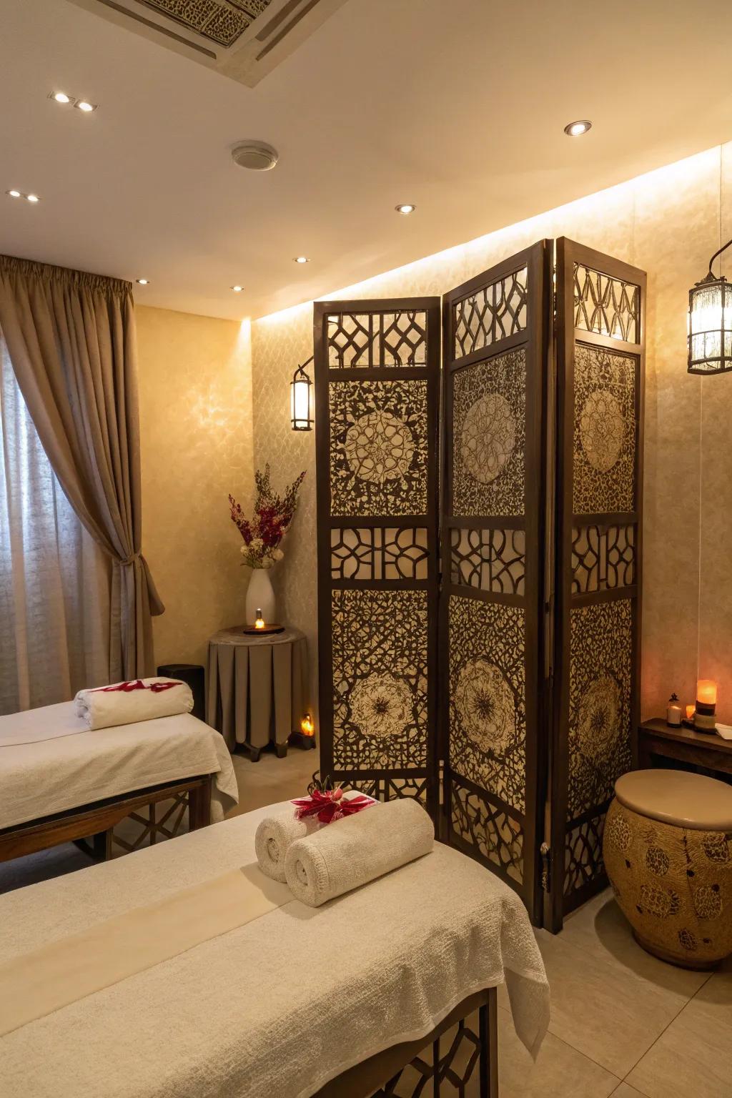 A massage space using panels for added privacy and style.