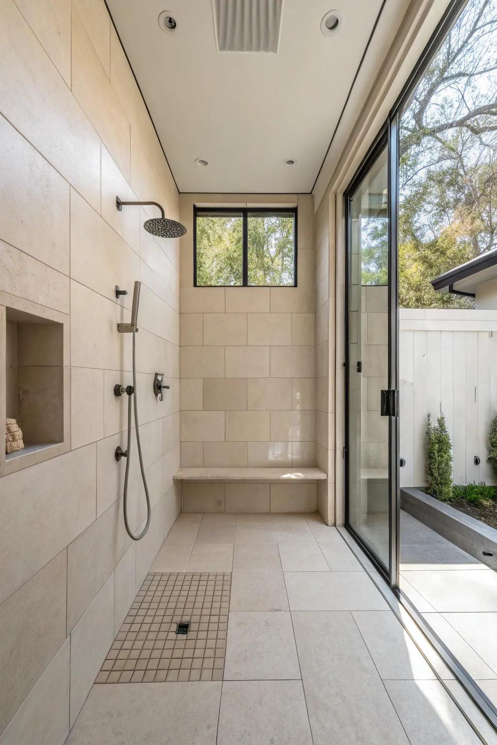 An exposed shower layout for fluid lavatory flow.