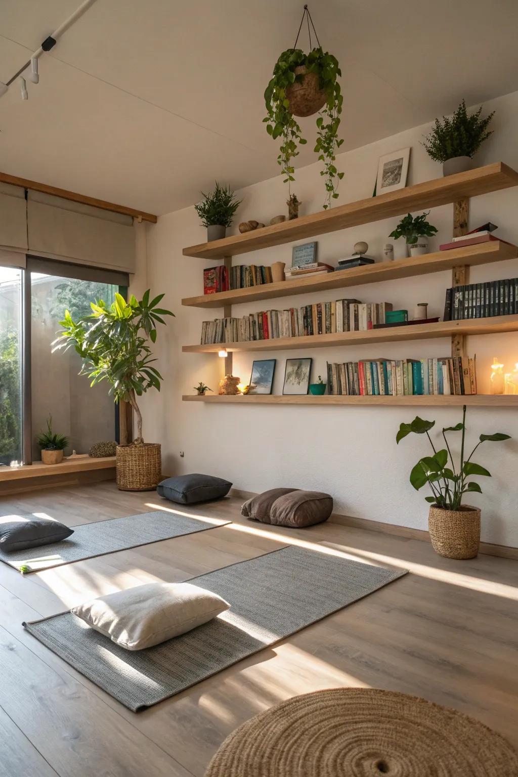 A meditation space showcasing free-floating shelves for decor.