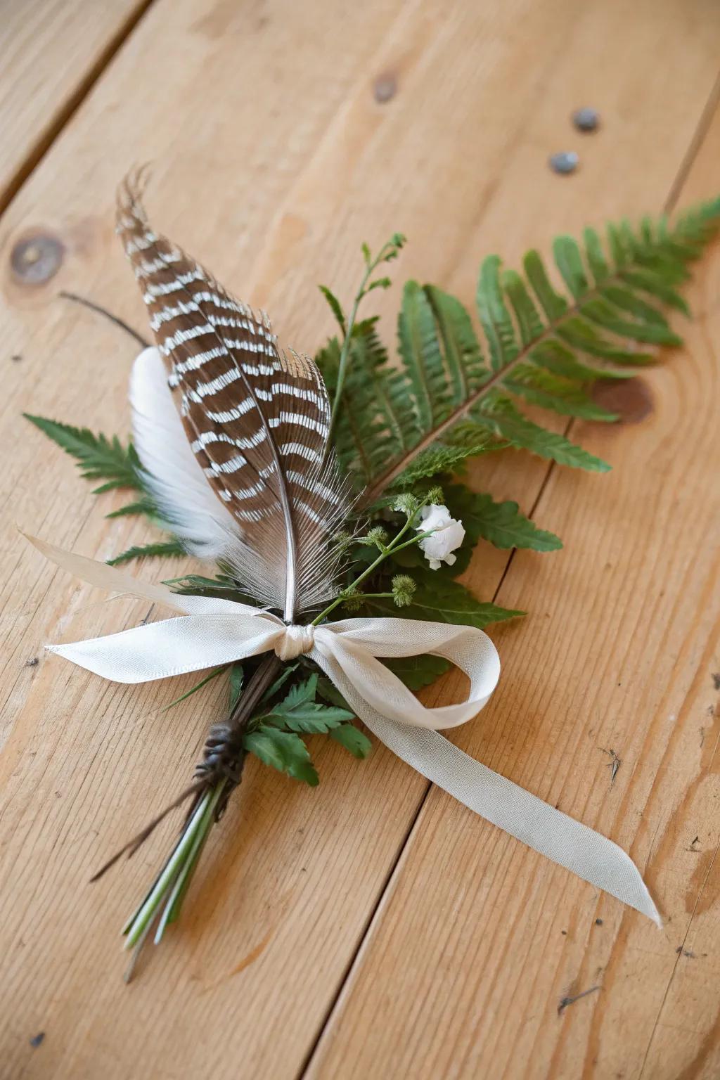 Plume and verdure boutonnieres offer natural sophistication.
