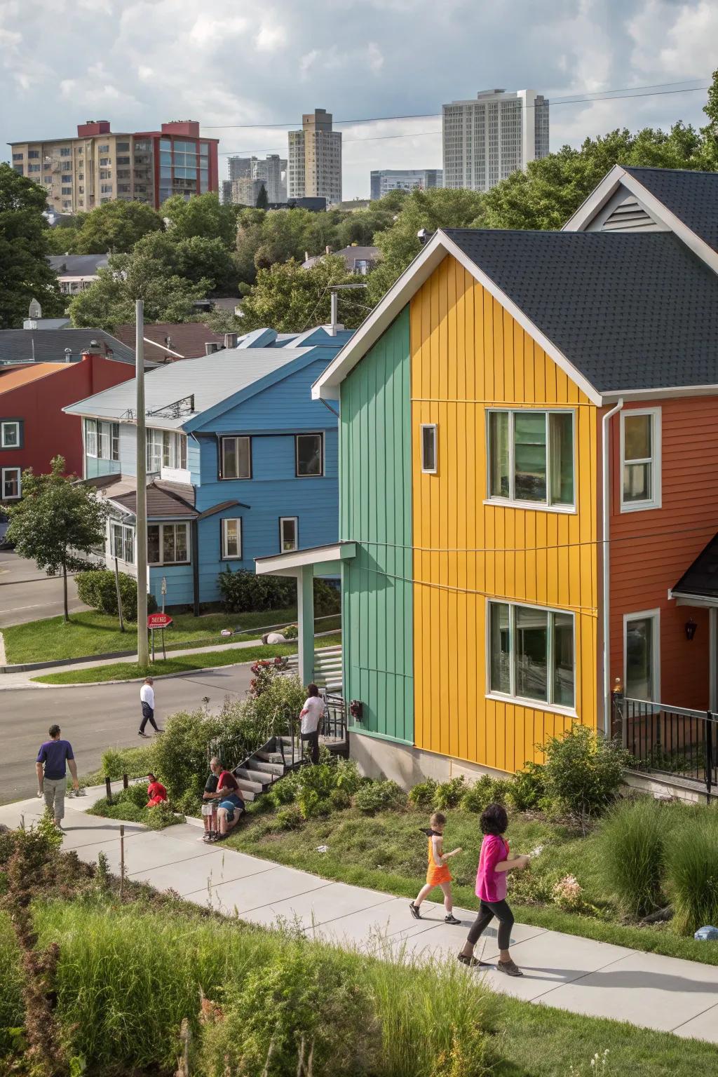 A vibrant community home with metal cladding featuring contrasting colors for a lively style.