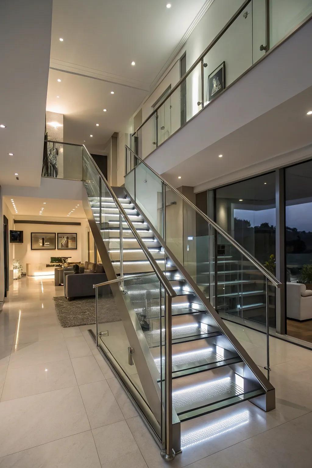 A refined fusion of metal and glass that results in a sophisticated stairway.