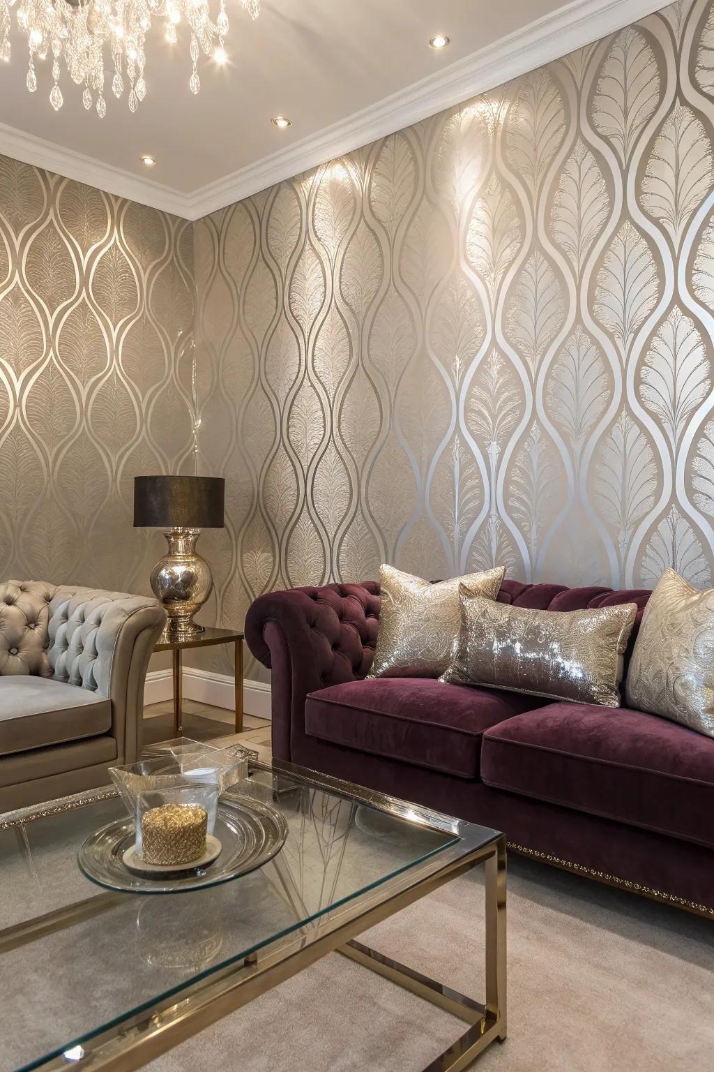 Luxurious space featuring metallic highlight era wall covering.