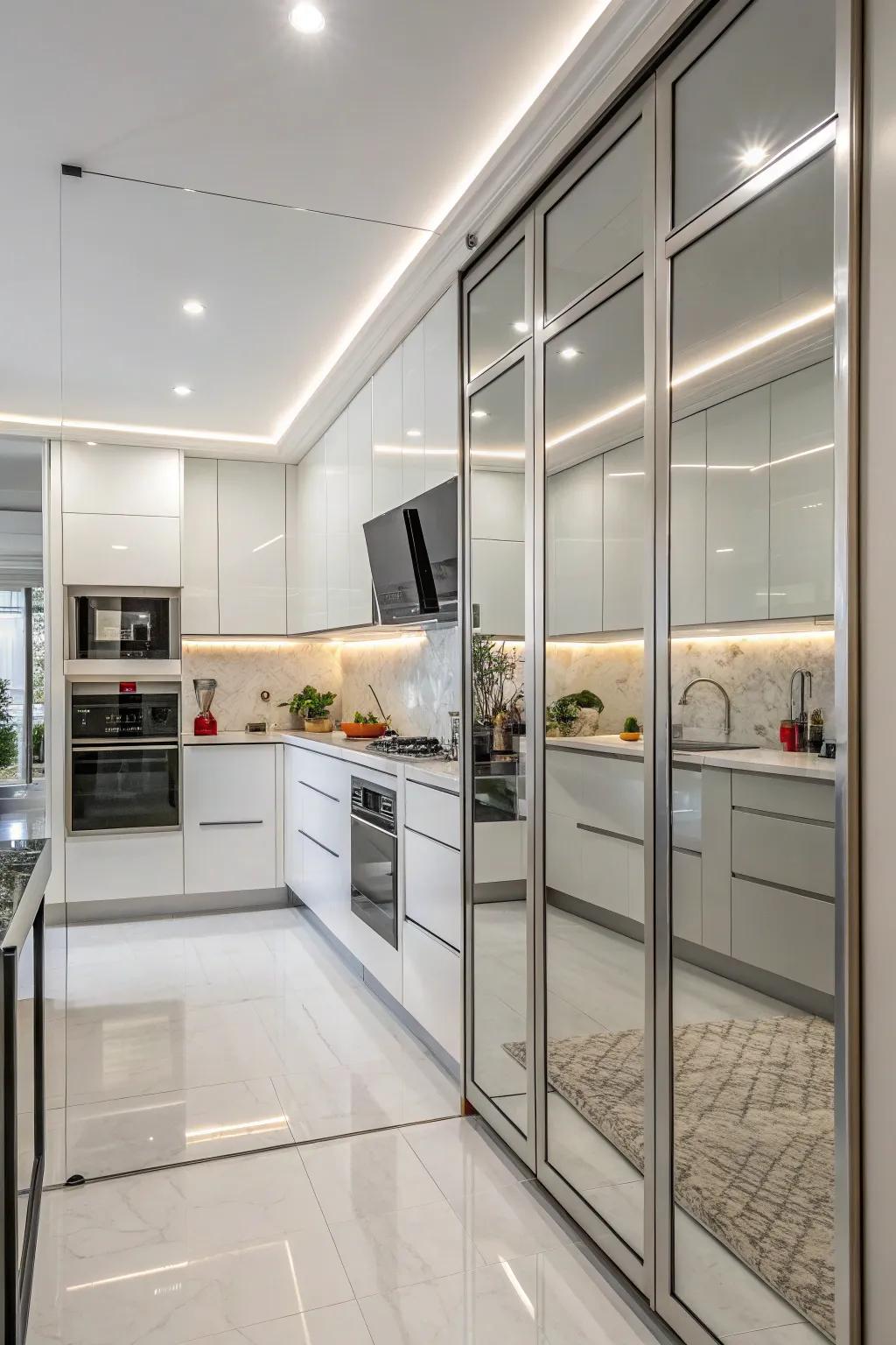 Mirrored kitchen cabinets add a modern touch.
