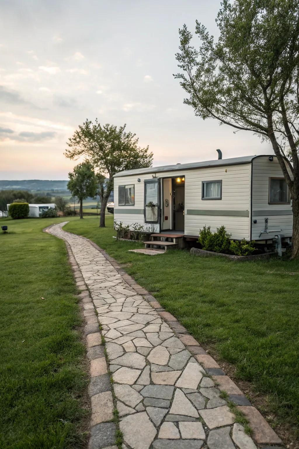 A stone route contributing appeal and functionality to a manufactured home entryway.