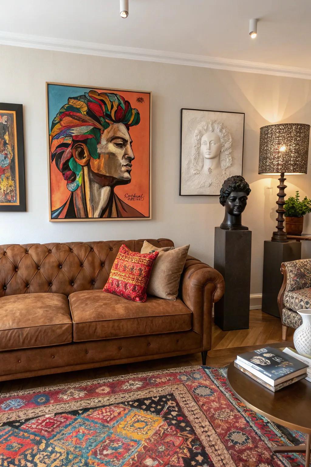 Artistic facets transform the cocoa-colored sofa zone into a personal gallery.