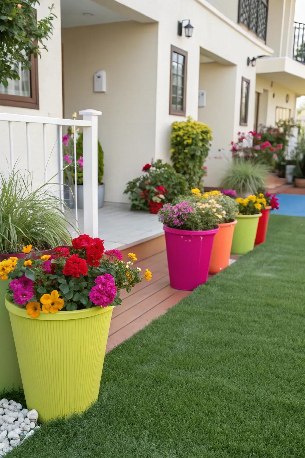 Bright containers introduce color and personality to the artificial grass area.