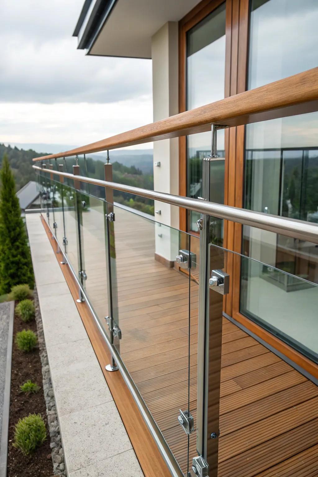 Balcony displaying a railing using mixed materials: timber, metal, and crystal