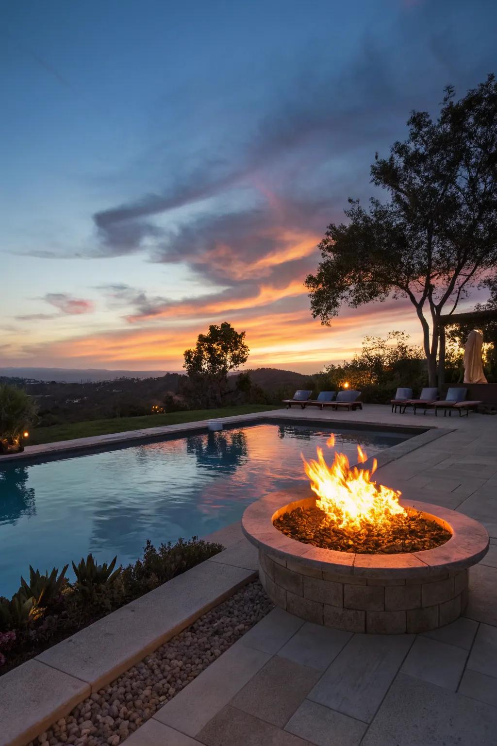 A bonfire pit adds warmth and ambiance.
