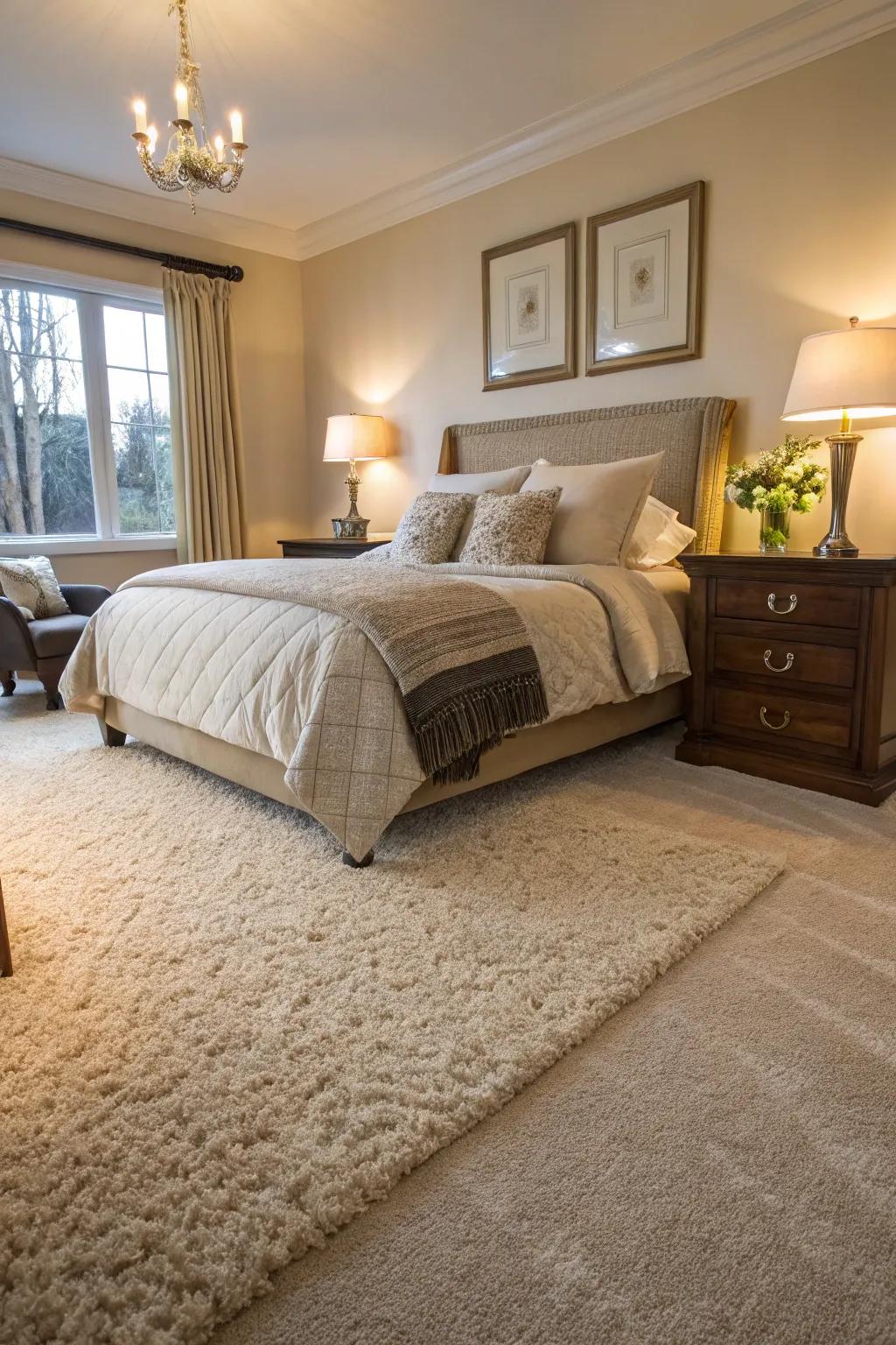 A bedroom featuring a high-pile floor covering for a plush and cozy atmosphere