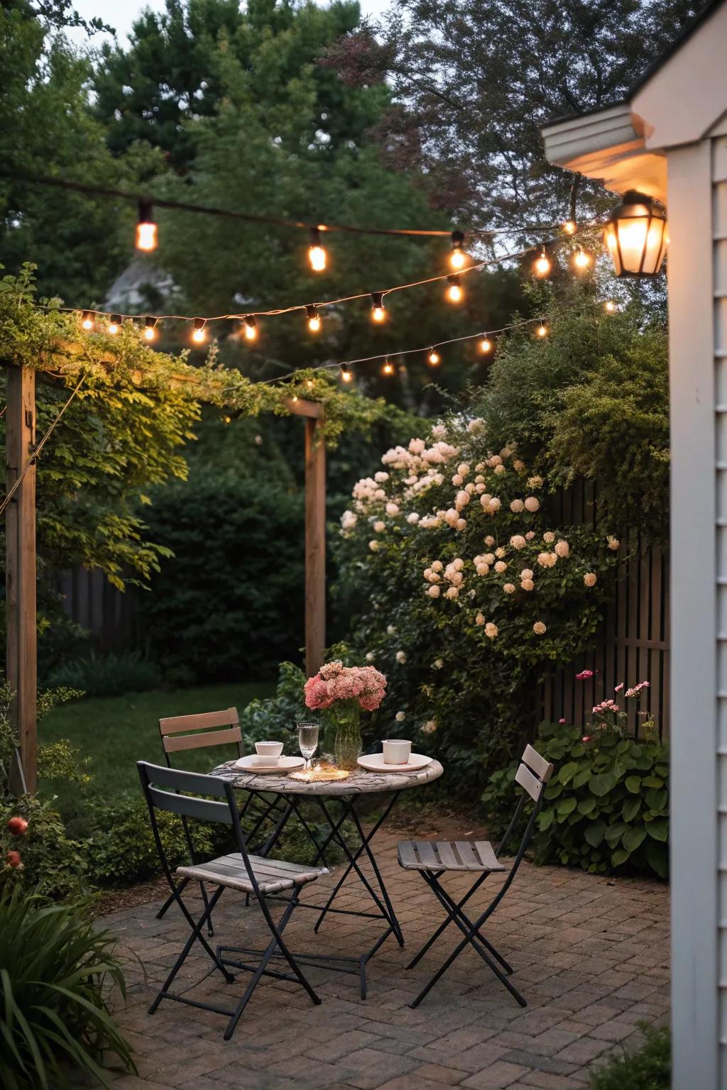 An outdoor chow space creates a lovely setting for meals.