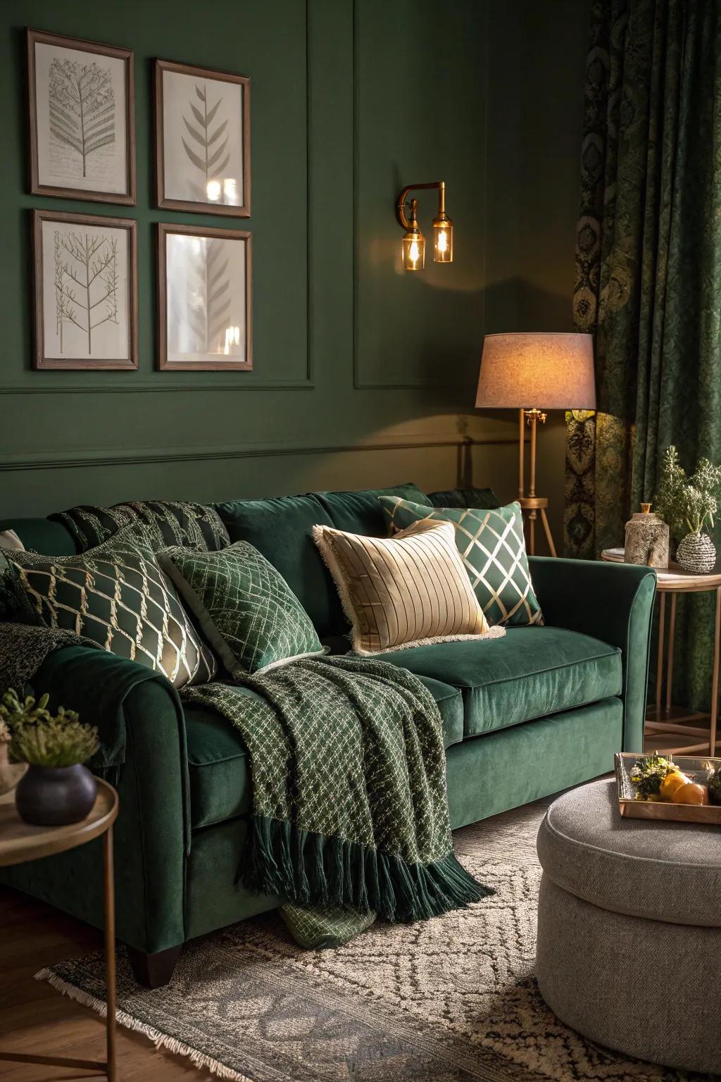 Assembled tactile sensations affix dimension and comfort to an emerald living space.