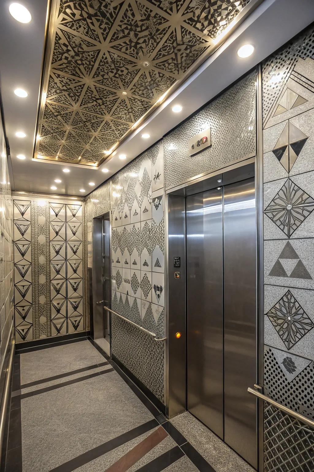 An elevator interior presenting geometrical patterns for a modern flair.