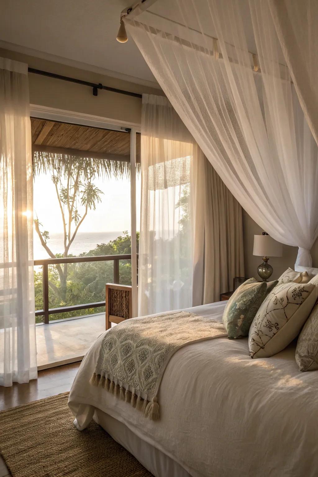 Delicate curtains offer privacy while allowing light in this guest bedroom.