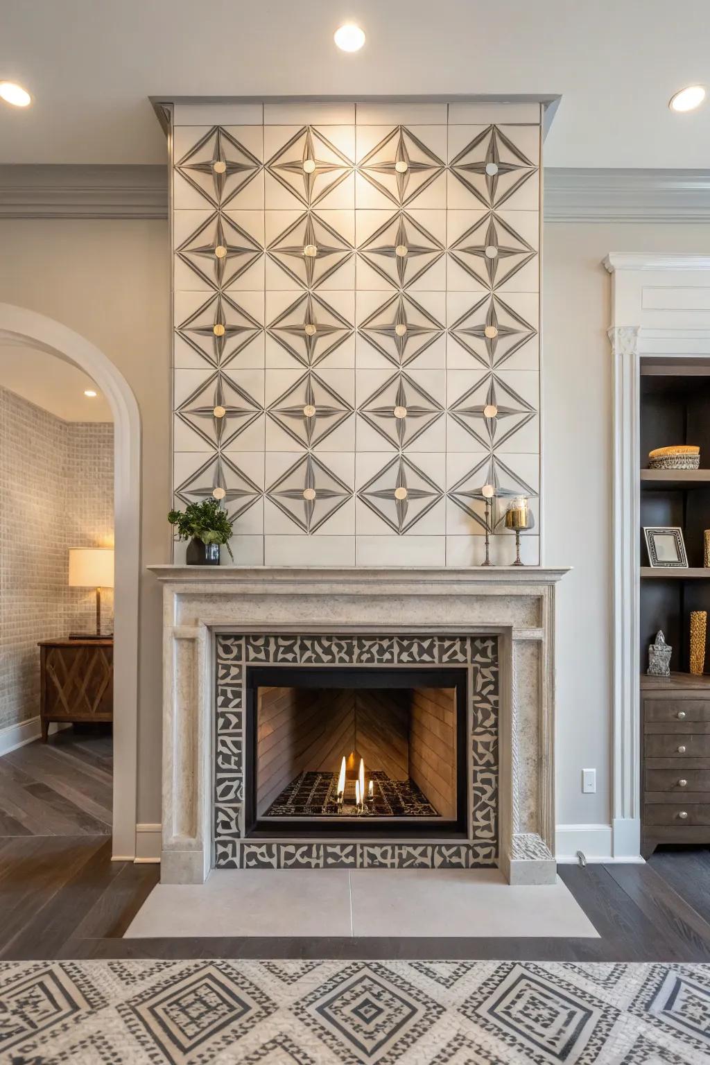 Fireplace featuring structural geometric tile design.