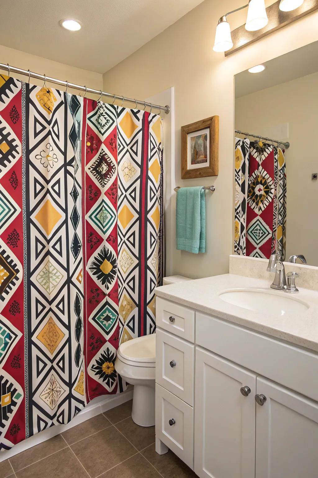A bathroom showcasing a standout and daring patterned shower wrap.