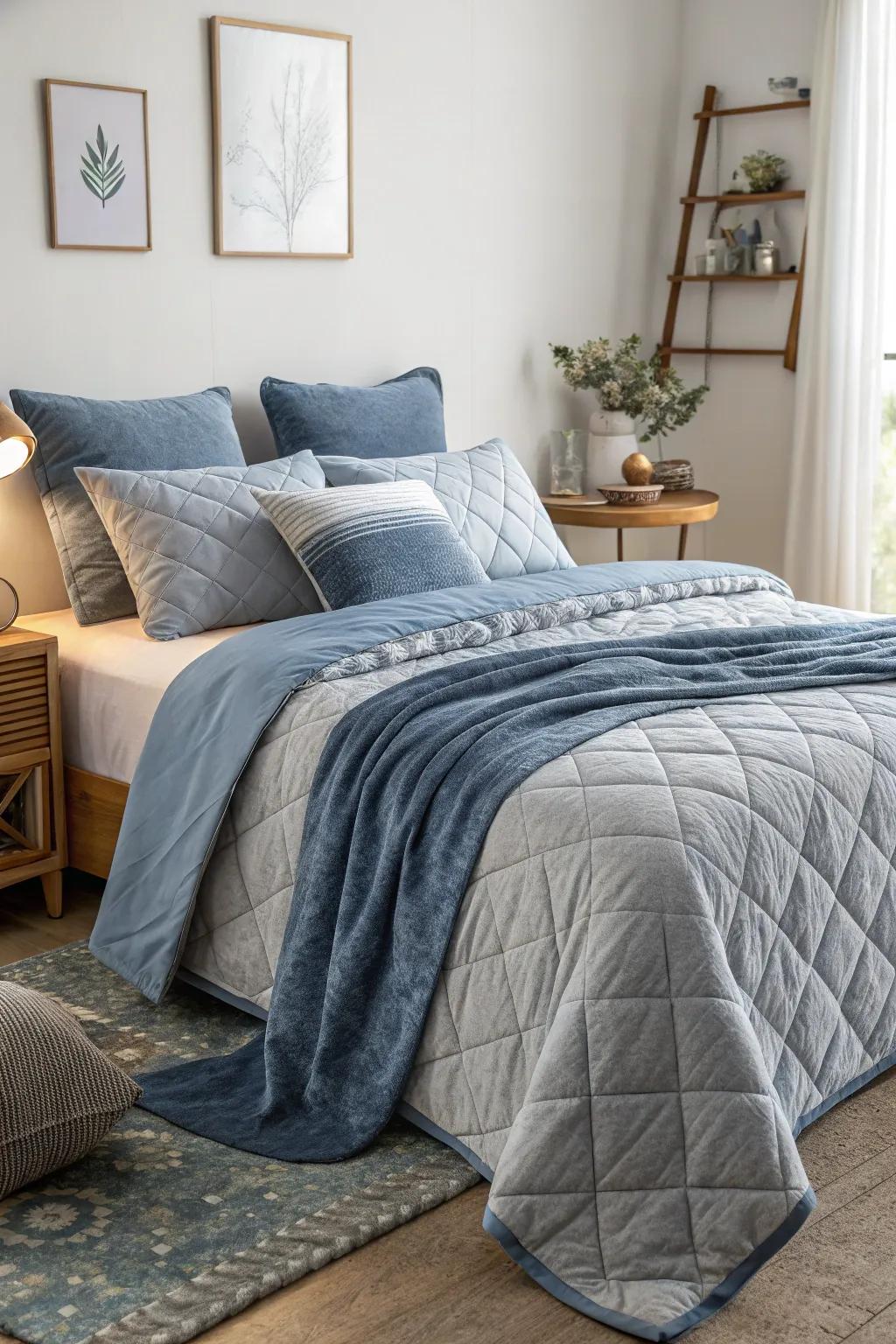 Tiering ash and azure bedding appends profundity and texture to your bedroom.