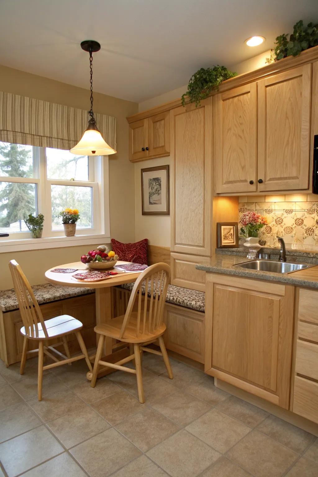 A cozy breakfast nook is beautifully nestled among cream-colored pecan wood cabinets, creating a charming retreat.