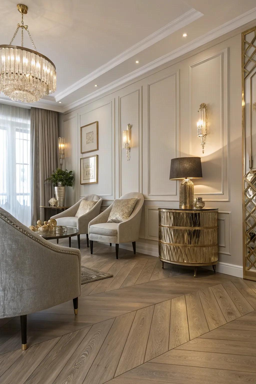 Elegant metallic accents elevate pale timber flooring.