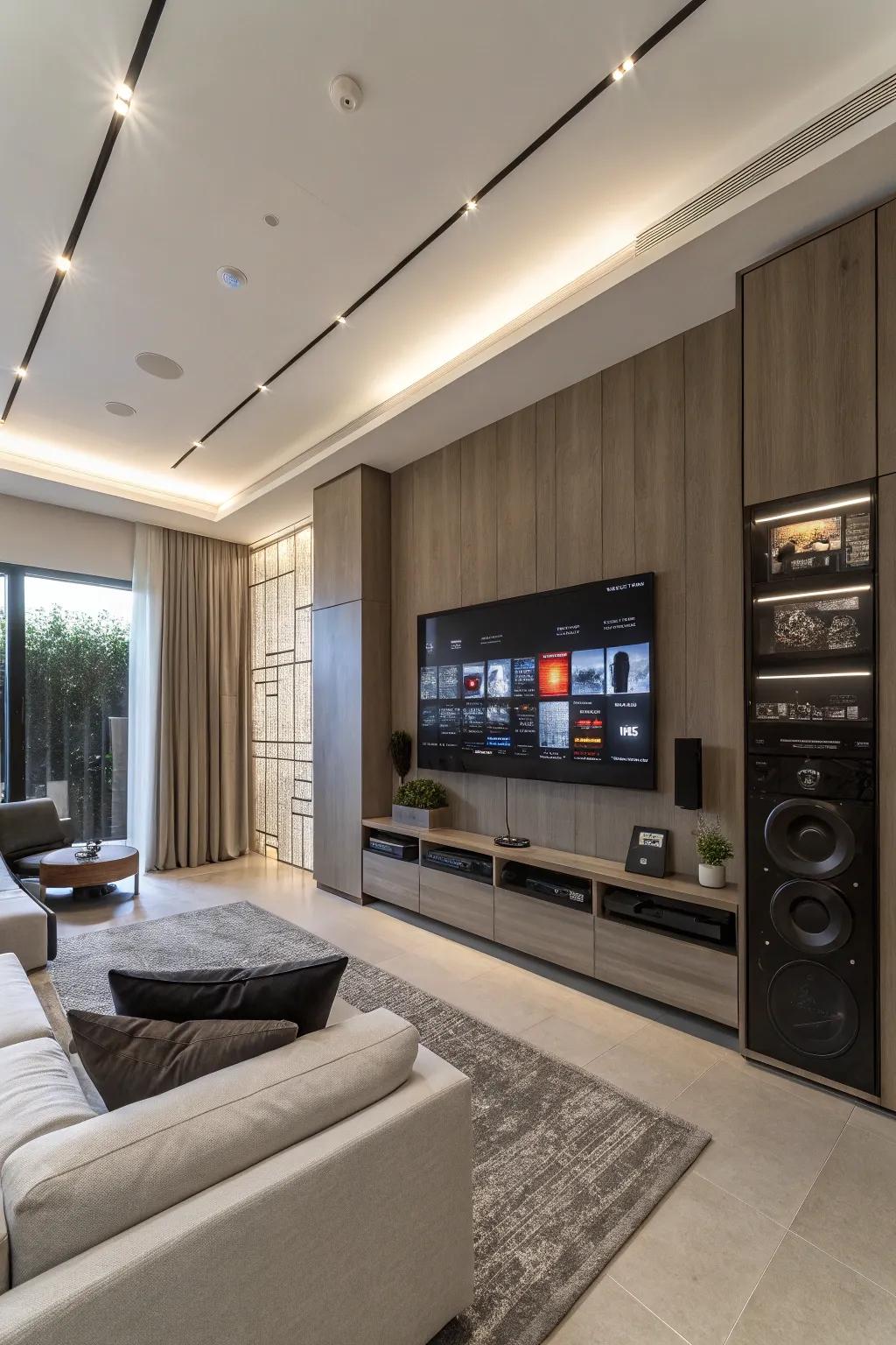 Seamless technological integration preserves a media wall functional and orderly.