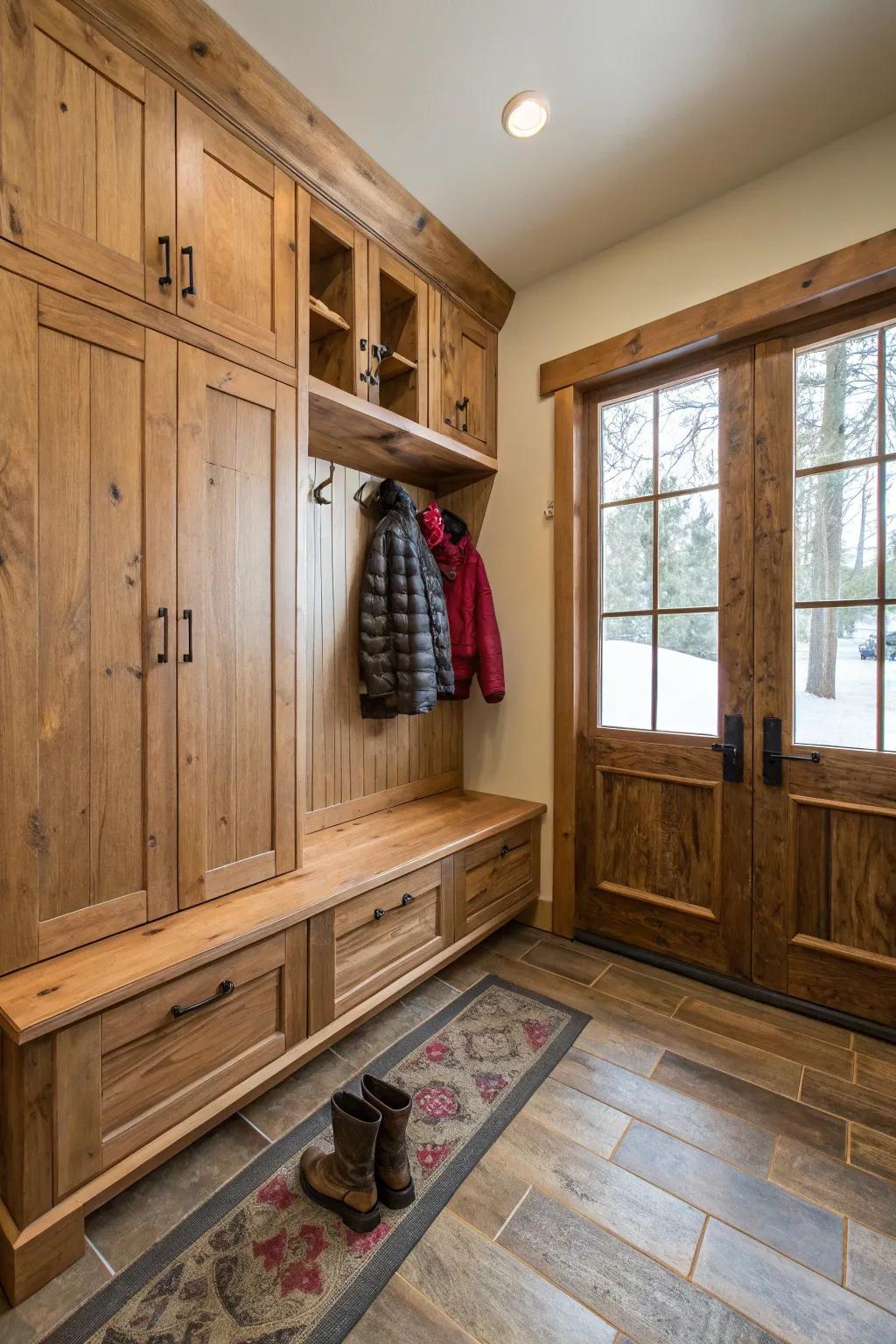 Eco-conscious materials enhance the mudroom's appeal.
