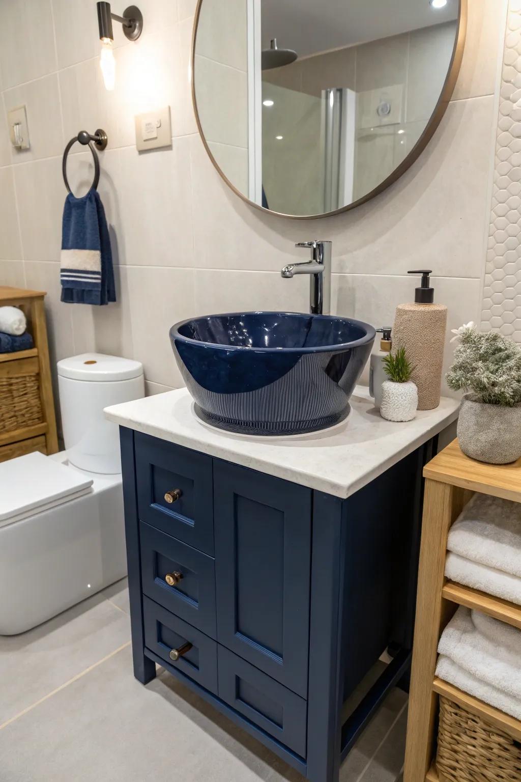 Unique sink designs add character to deep ocean bathrooms.