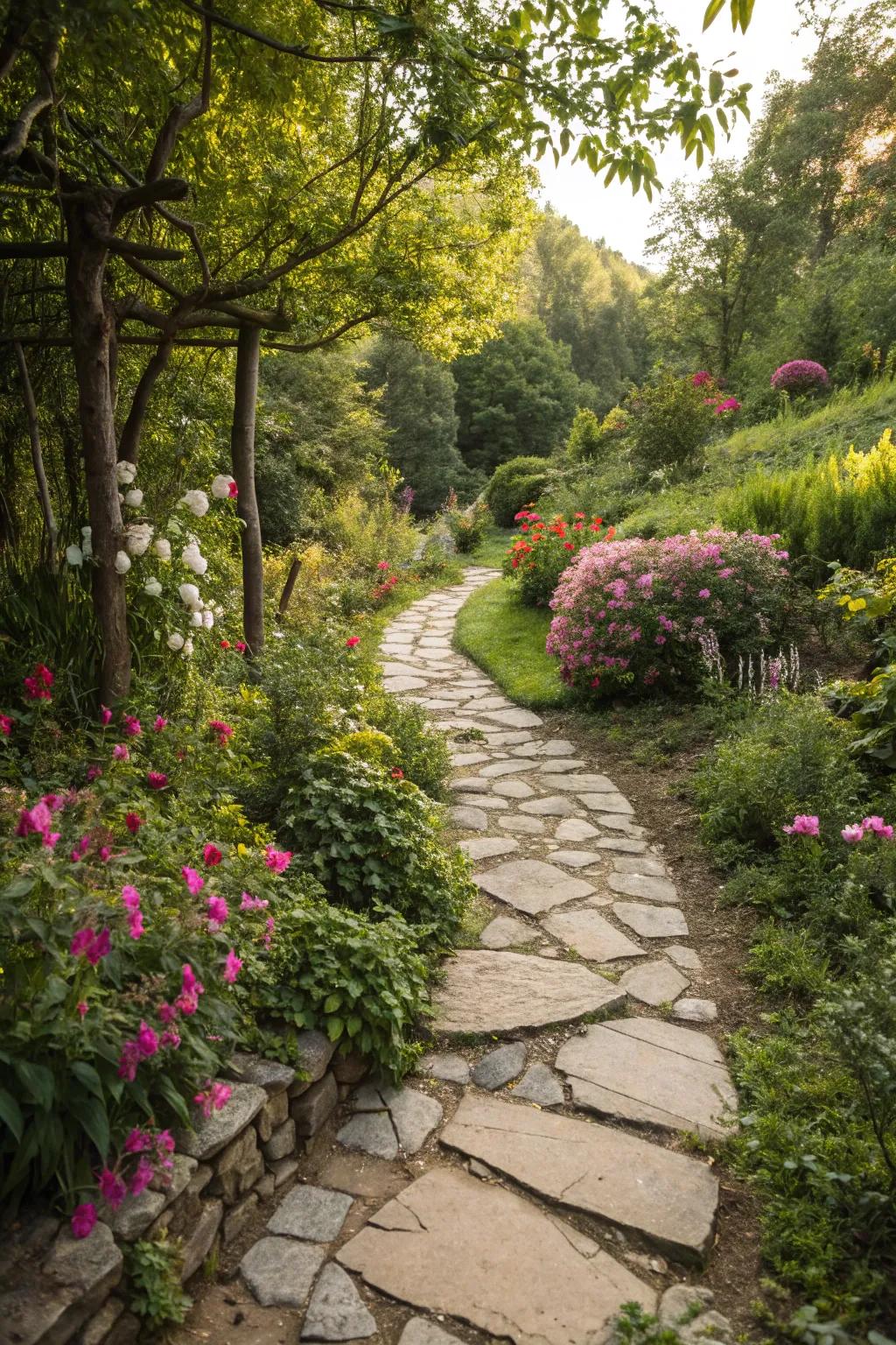 A garden path crafted from green materials, merging style with eco-consciousness.