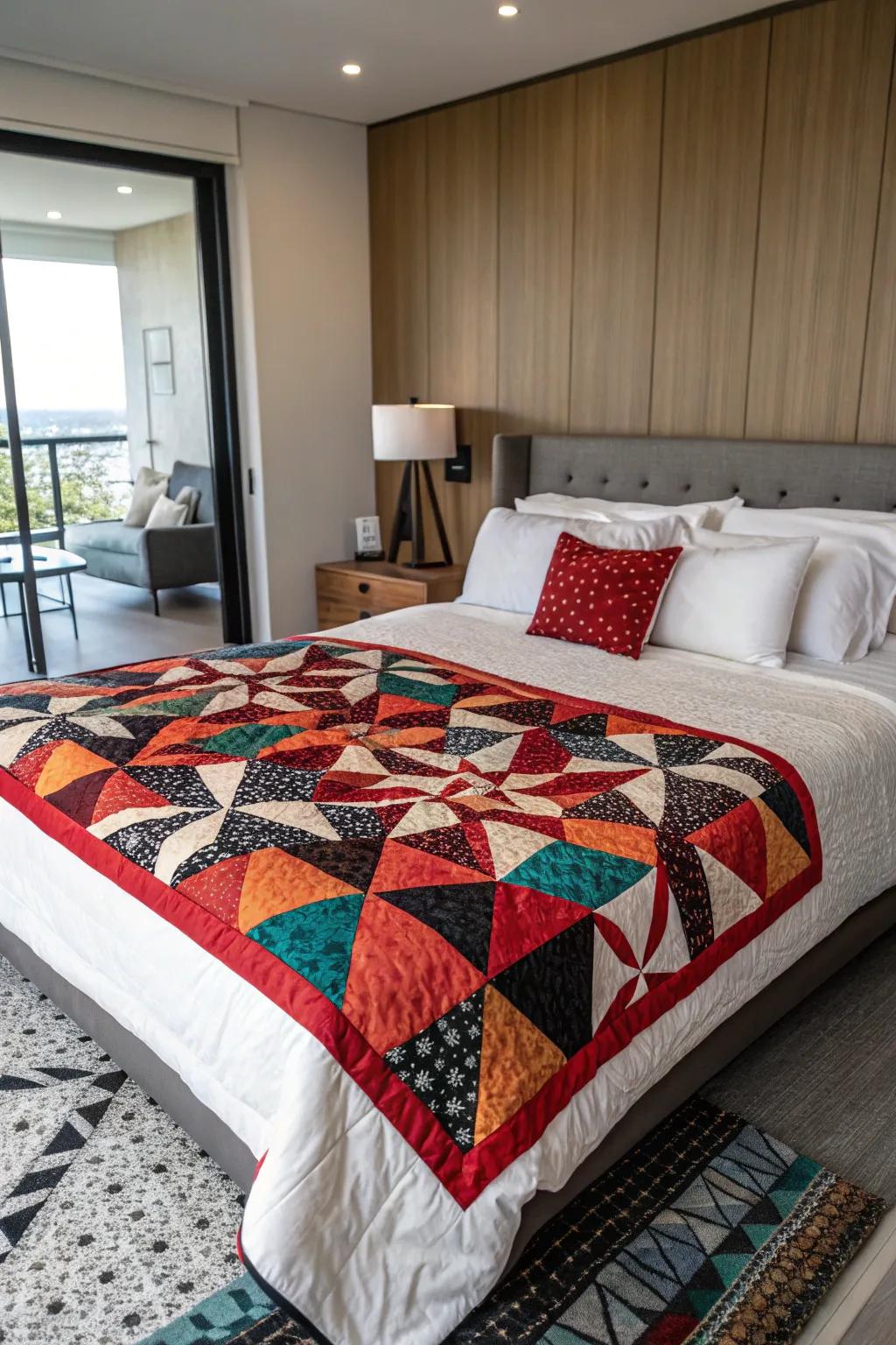 Strong divergences in coverlets create visual drama and draw the eye.