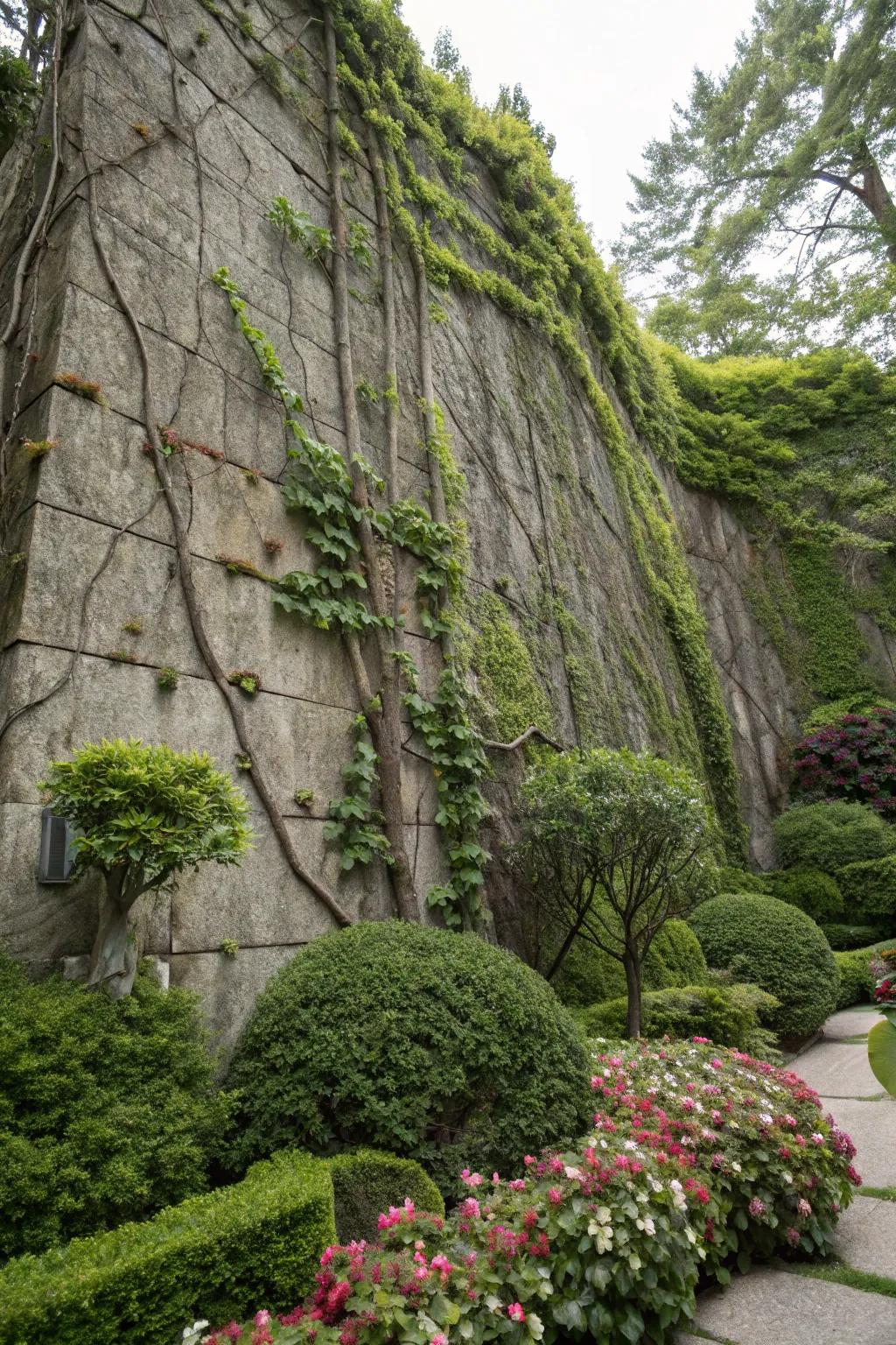 Vertical stone walls contribute height and sustain lavish greenery.