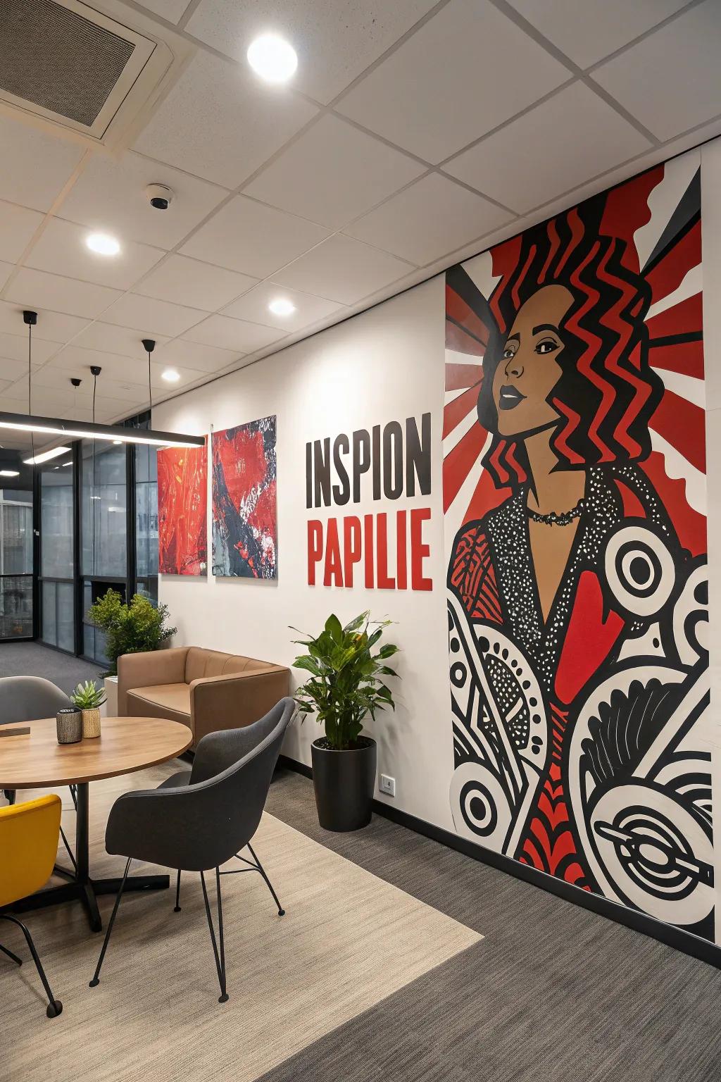Striking wall art introduces personality and inspiration to a rustic office.