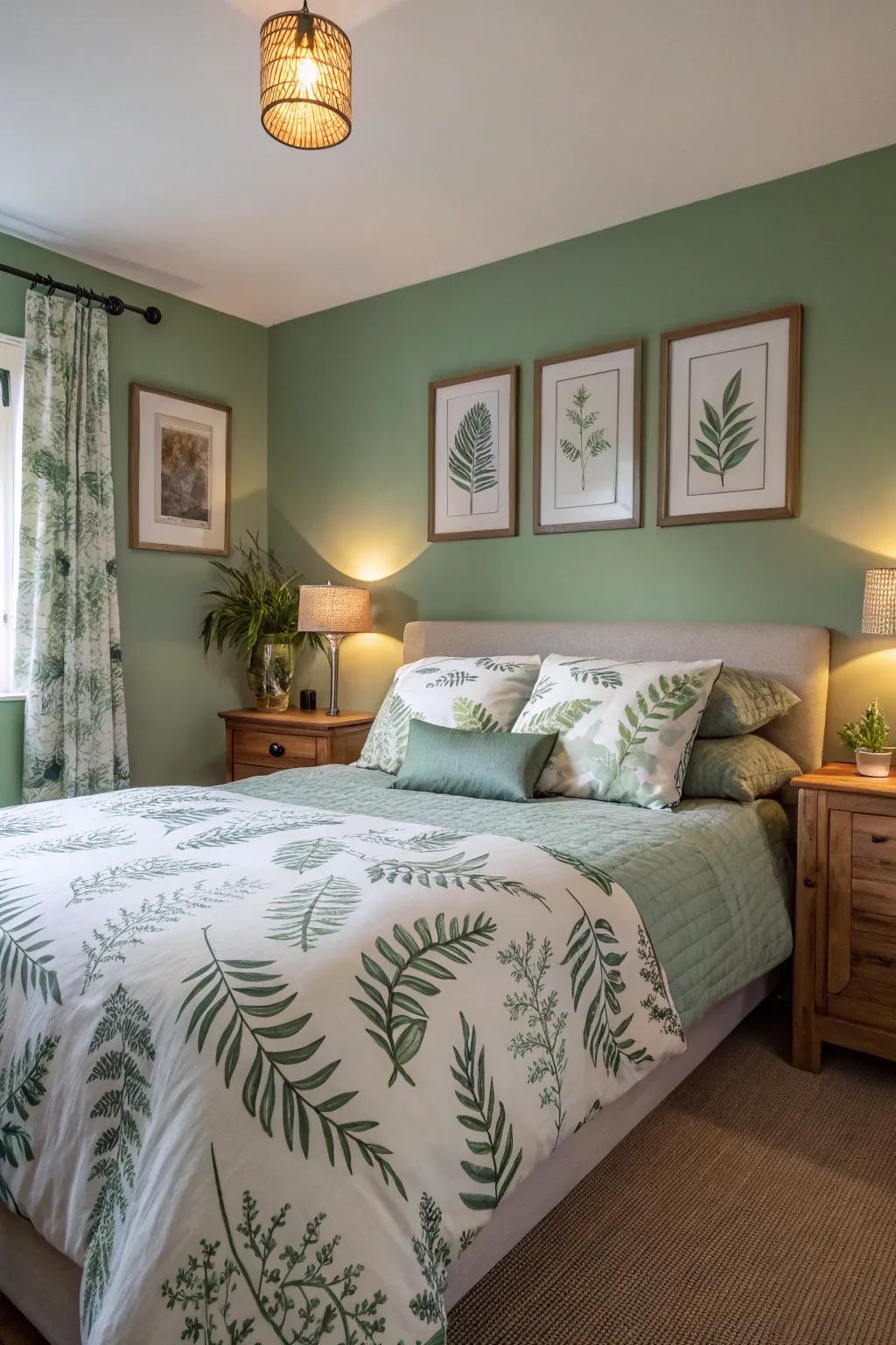 Plant-based prints and avocado-toned create a fresh, lively atmosphere.