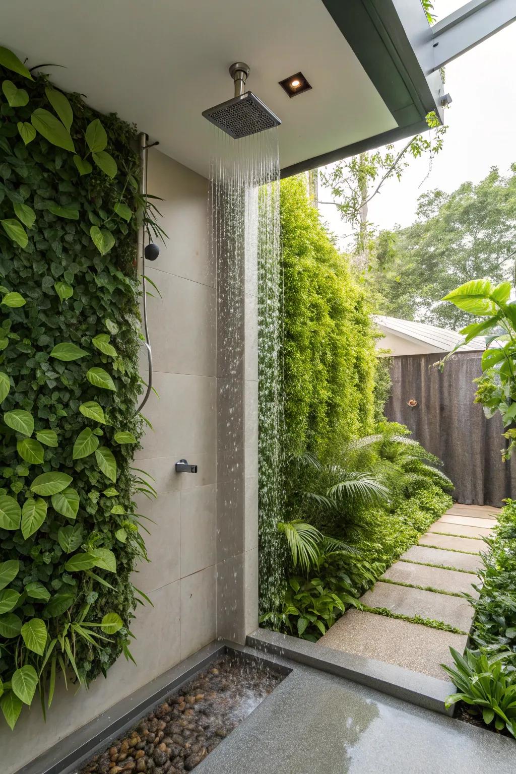 A lush bathing space area presenting an innovative vertical garden.