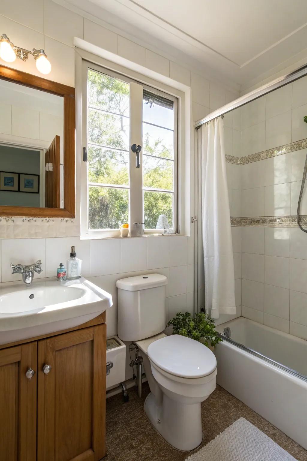 Natural illumination brightens this compact bathroom.