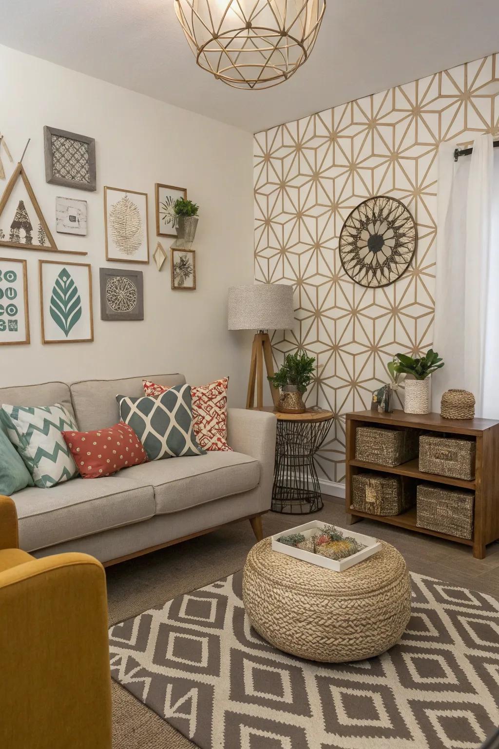 A small gathering spot with geometric decor elements adding a modern edge.