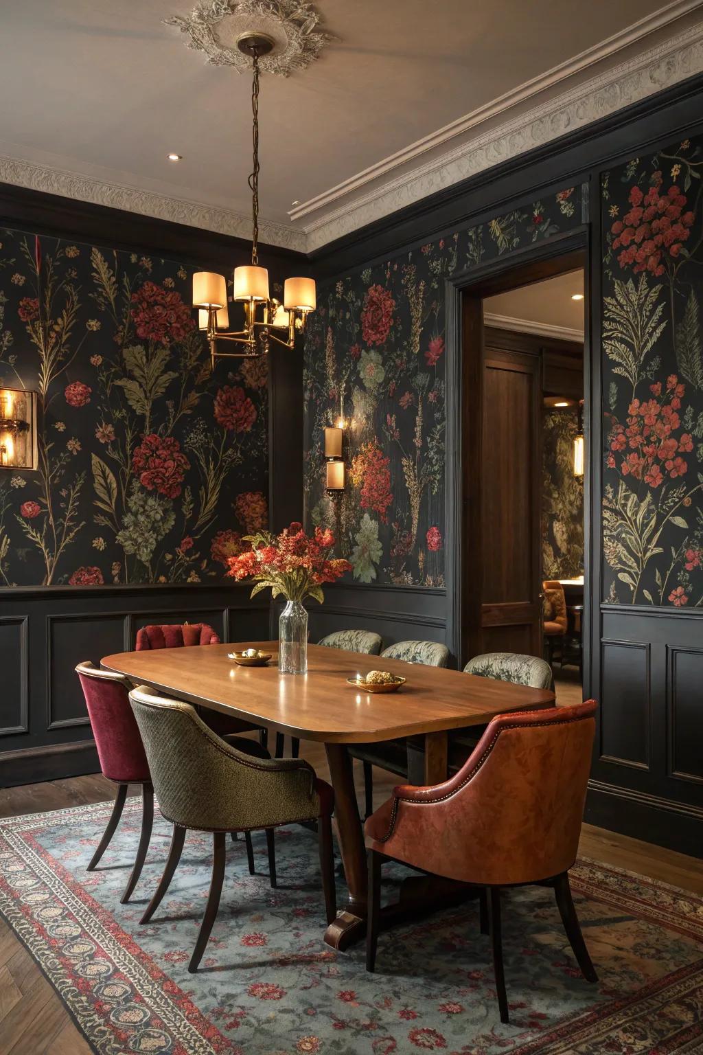 Lush wallpapers add drama and a touch of luxury.