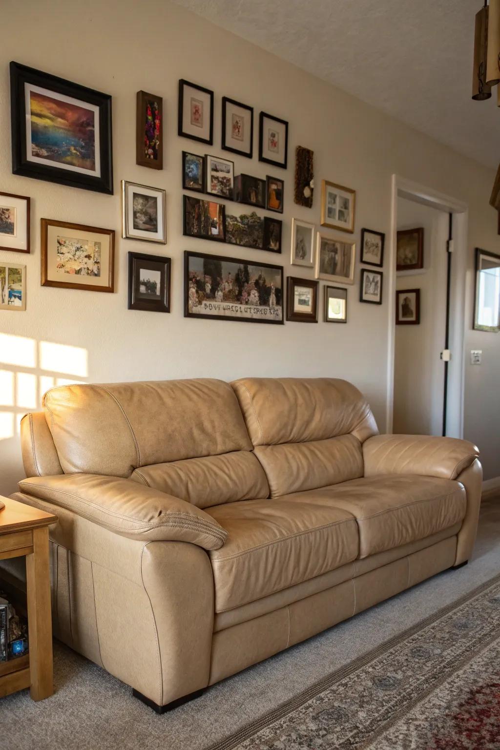 A display wall contributes a tailored touch to a lounge area featuring a fawn hide couch.