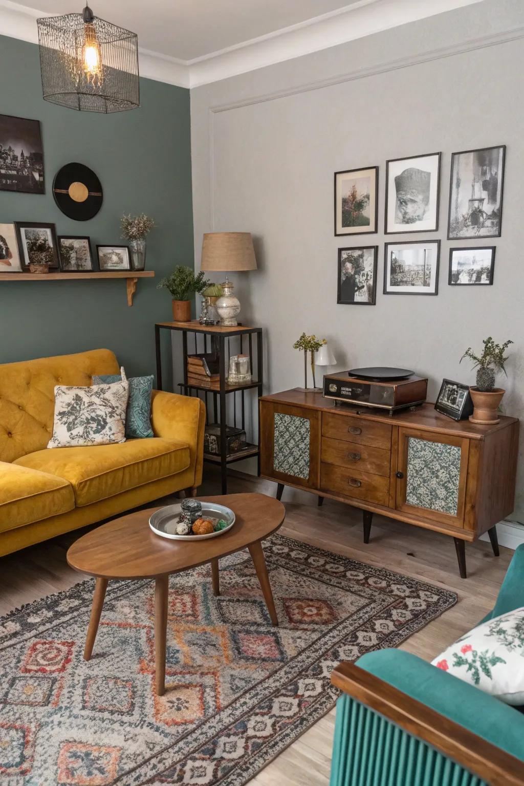 Retro elements complement a current aquamarine and ash family room.